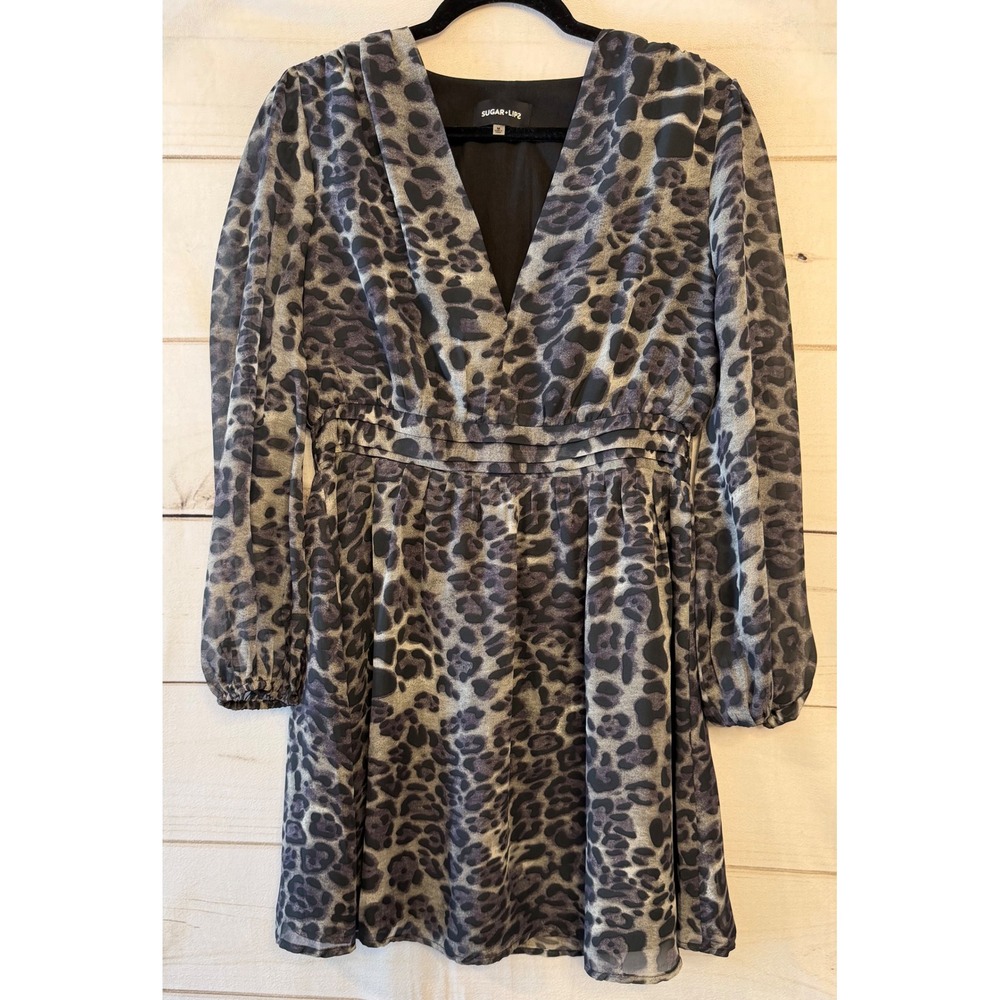 Sugar Lip‎ leopard print v neck long sleeve mini dress women size M